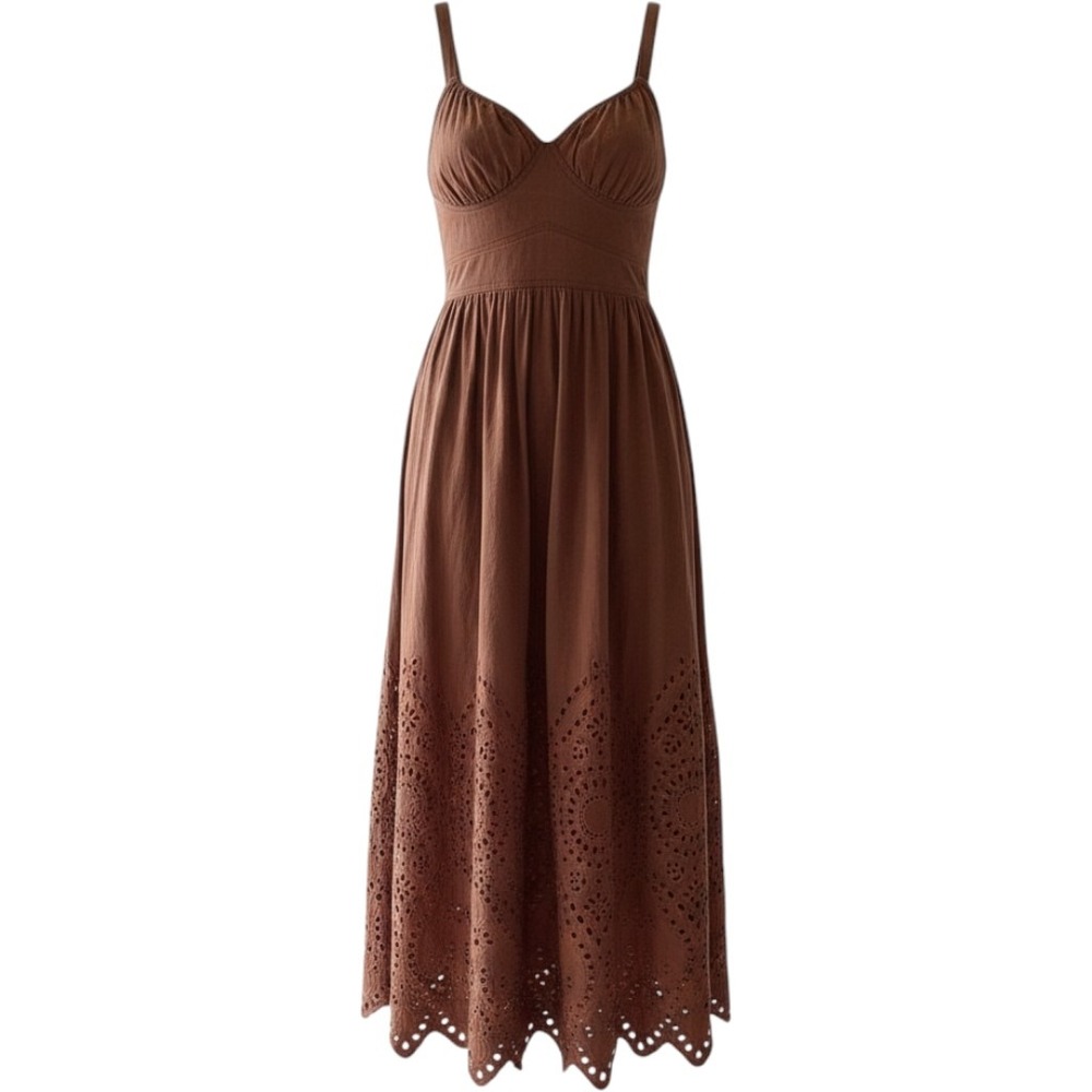Moon River Terracotta Brown Eyelet Tiered Midi Dress Tie Back XS
